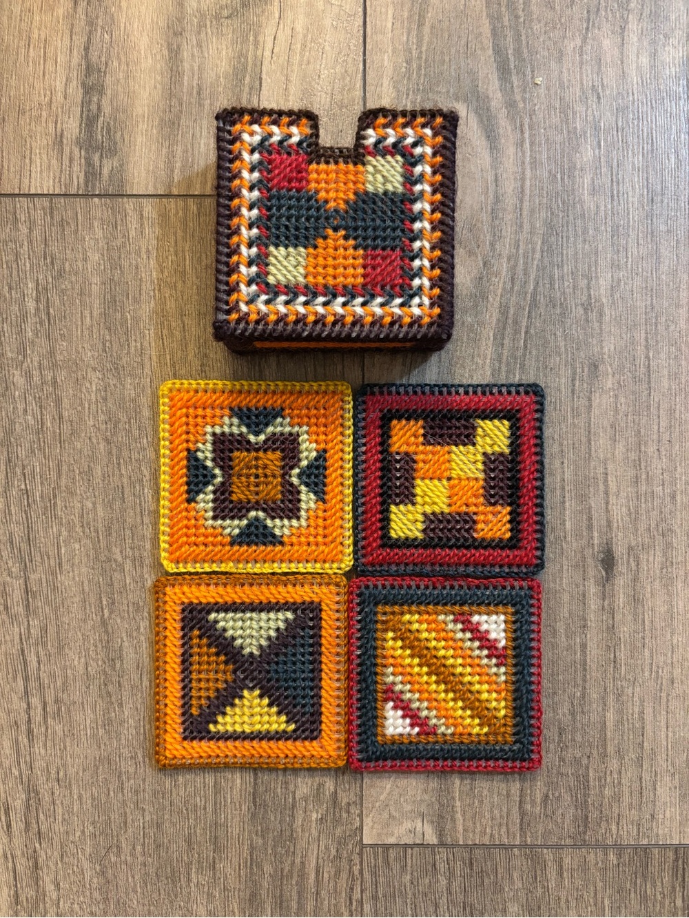 Handmade Needlepoint Coasters, Grannycore Cottagecore, Set of 4 with Holder